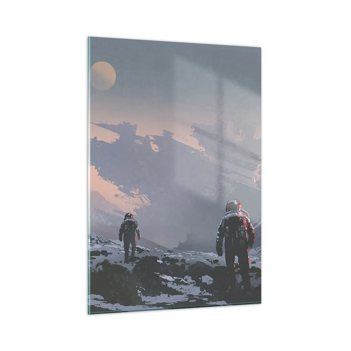 Glasbild - Bild auf glas - Astronauten auf einem fremden Planeten mit einem Schiffswrack im Hintergrund - 50x70cm - Unter einem unbekannten Stern - Moderne Wanddekoration für Wohnzimmer und Schlafzimmer ARTTOR