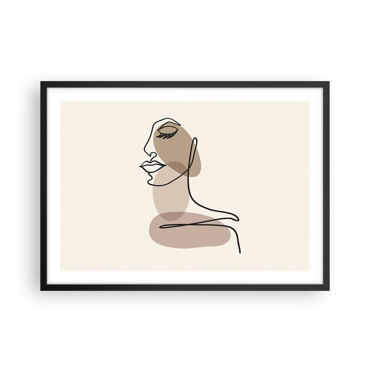 Poster in einem schwarzem Rahmen - Minimalistisches Frauengesicht mit abstrakten Flecken - 70x50cm - Sich selbst zugehört - Moderne Wanddekoration für Wohnzimmer und Schlafzimmer ARTTOR
