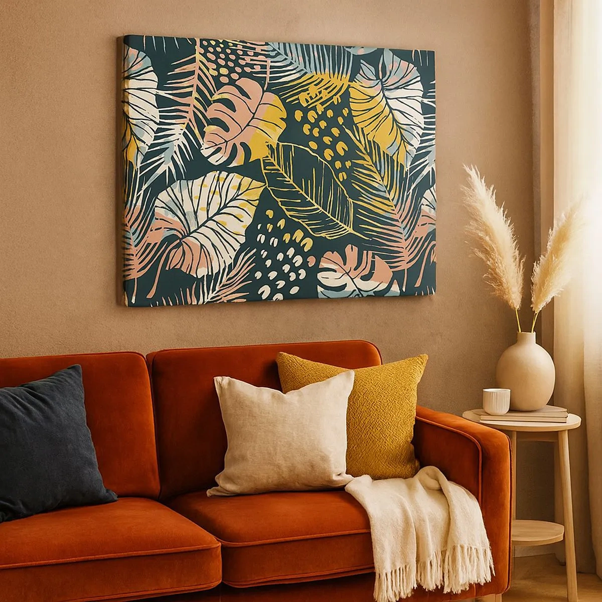 Bild auf Leinwand - Leinwandbild - Bunte Blätter auf dunklem Hintergrund - 70x50cm - Grüne Fantasie - Moderne Wanddekoration für Wohnzimmer und Schlafzimmer ARTTOR