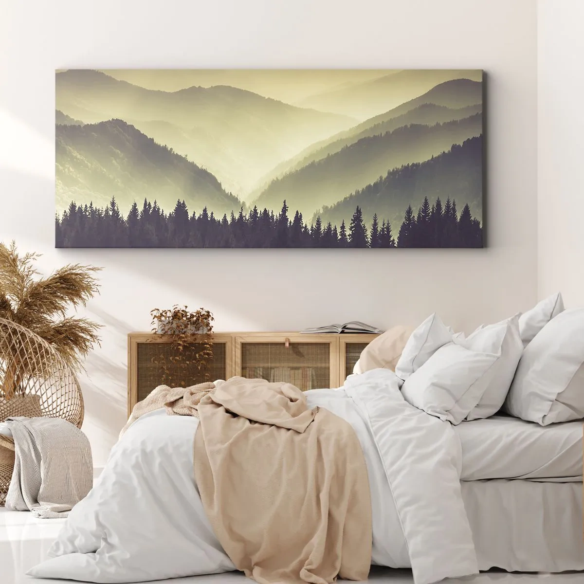 Bild auf Leinwand - Leinwandbild - Malerische Bergketten im Nebel in warmem Licht - 140x50cm - Hinter den sieben Bergen ... - Moderne Wanddekoration für Wohnzimmer und Schlafzimmer ARTTOR