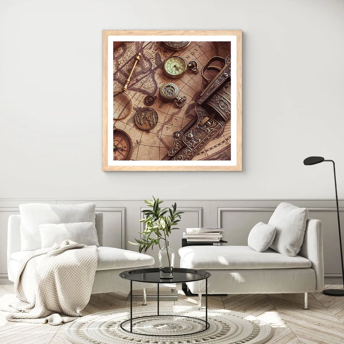 Poster in einem Rahmen aus heller Eiche - Das Abenteuer ruft - 60x60 cm