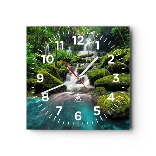 Wanduhr - Glasuhr - Türkis, Saphire und flüssiges Silber - 40x40 cm