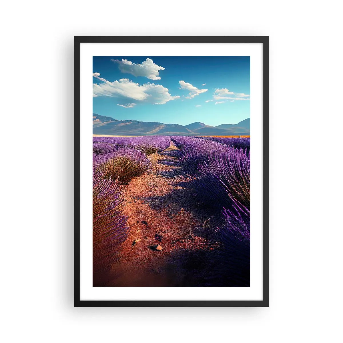 Poster in einem schwarzem Rahmen - Ein Lavendelfeld bei Sonnenuntergang mit einer Berglandschaft im Hintergrund - 50x70cm - Duftende Felder - Moderne Wanddekoration für Wohnzimmer und Schlafzimmer ARTTOR
