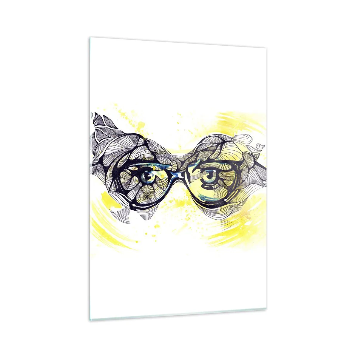 Glasbild - Bild auf glas - Brille mit kunstvollen Mustern und Augen auf gelb getöntem Hintergrund - 50x70cm - Durch blaue Brille - Moderne Wanddekoration für Wohnzimmer und Schlafzimmer ARTTOR