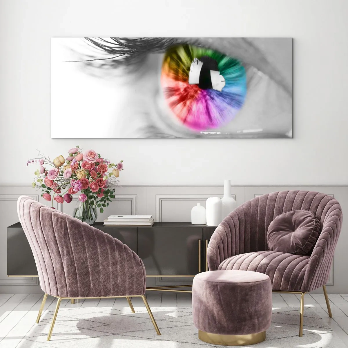 Glasbild - Bild auf glas - Künstlerische Aufnahme eines Auges mit einer Regenbogeniris auf grauem Hintergrund - 140x50cm - Schau dir die Welt in Farbe an - Moderne Wanddekoration für Wohnzimmer und Schlafzimmer ARTTOR
