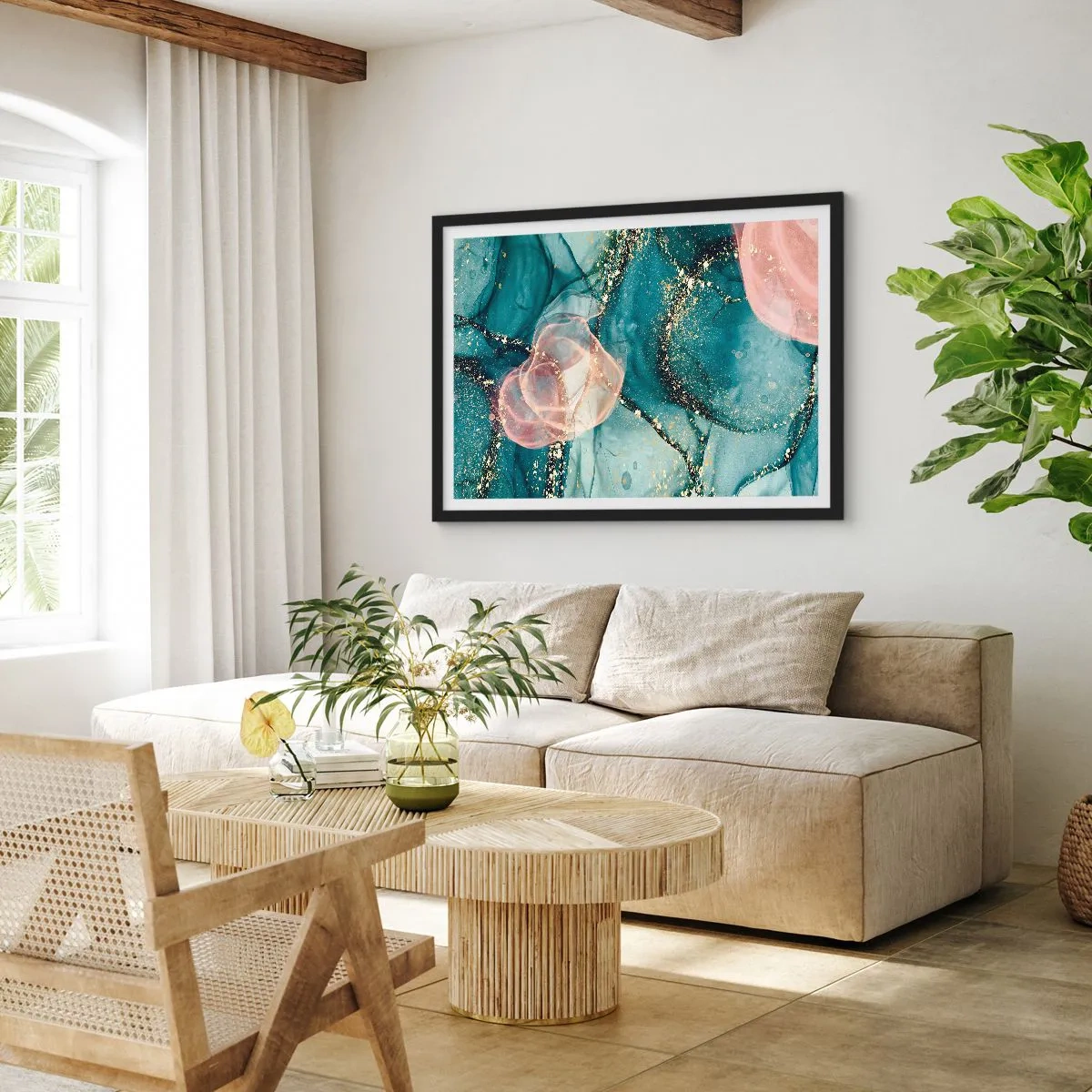Poster in einem schwarzem Rahmen - Seidenblau, Tüllrosa - 40x30 cm