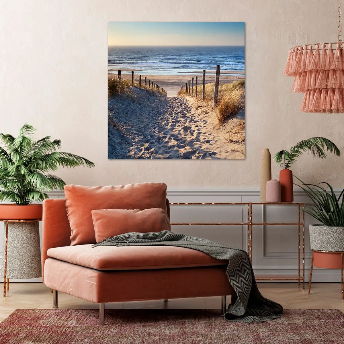 Bild auf Leinwand - Leinwandbild - Das Rauschen des Meeres, der Gesang der Vögel, ein wilder Strand im Gras ... - 30x30 cm