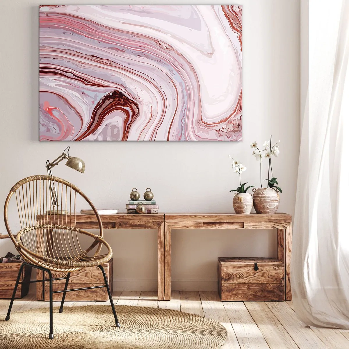 Bild auf Leinwand - Leinwandbild - Abstraktes Muster in Rosa und Weiß - 100x70cm - Geradeaus, dann rechts runter - Moderne Wanddekoration für Wohnzimmer und Schlafzimmer ARTTOR