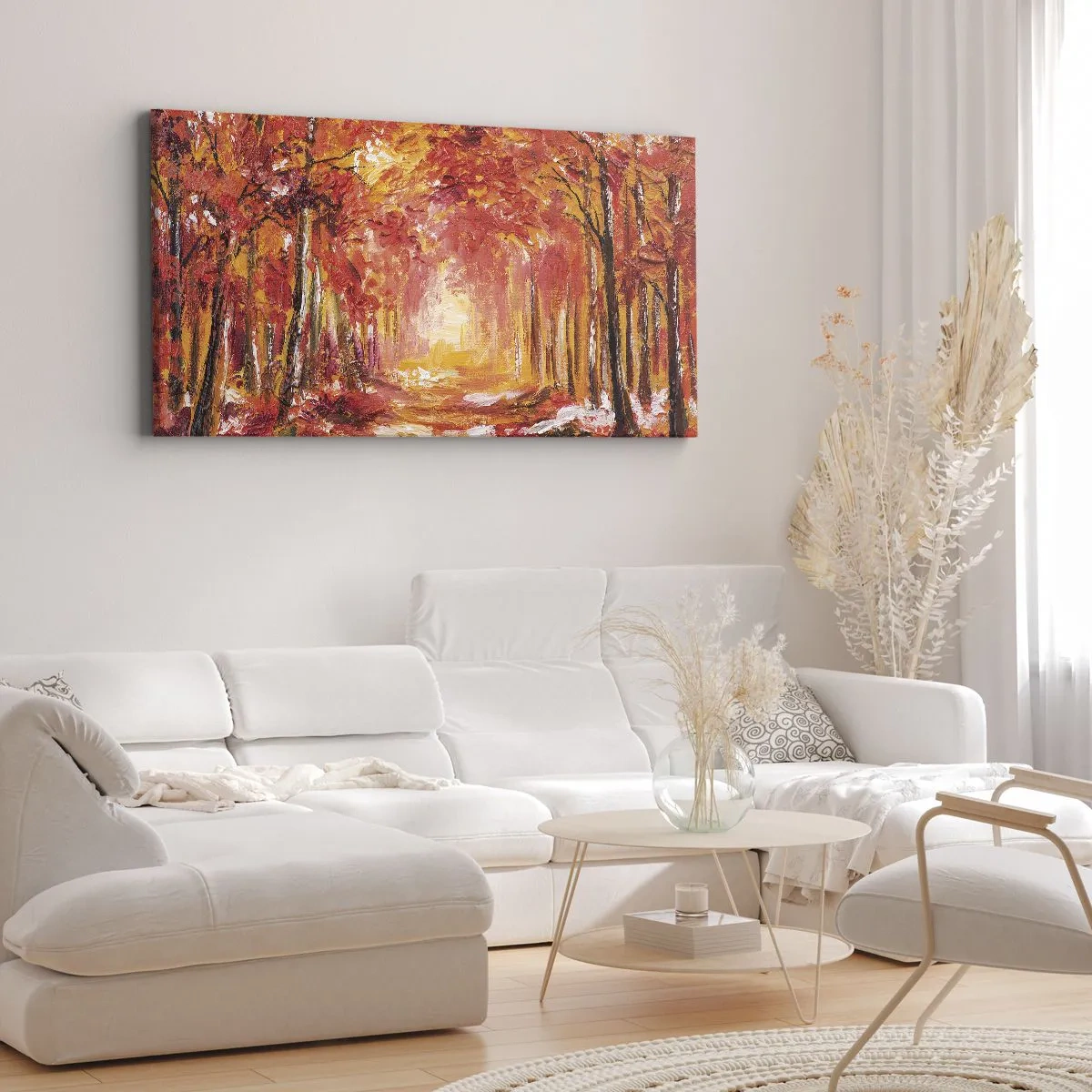 Bild auf Leinwand - Leinwandbild - Herbstwald in Kupfer- und Goldtönen - 140x50cm - Kupferwald - Moderne Wanddekoration für Wohnzimmer und Schlafzimmer ARTTOR