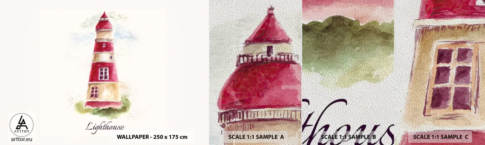 Fototapeten Muster Premium Sand - Das Wetter ringsum ist immer gut - Leuchtturm, Strand, Meer - 100x30 cm