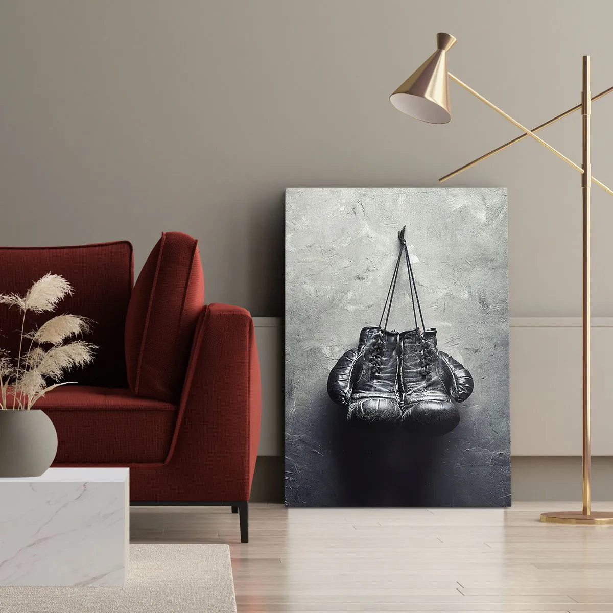 Bild auf Leinwand - Leinwandbild - Alte Boxhandschuhe an der Wand - 70x100cm - Zeit des Kampfes und Zeit des Friedens - Moderne Wanddekoration für Wohnzimmer und Schlafzimmer ARTTOR