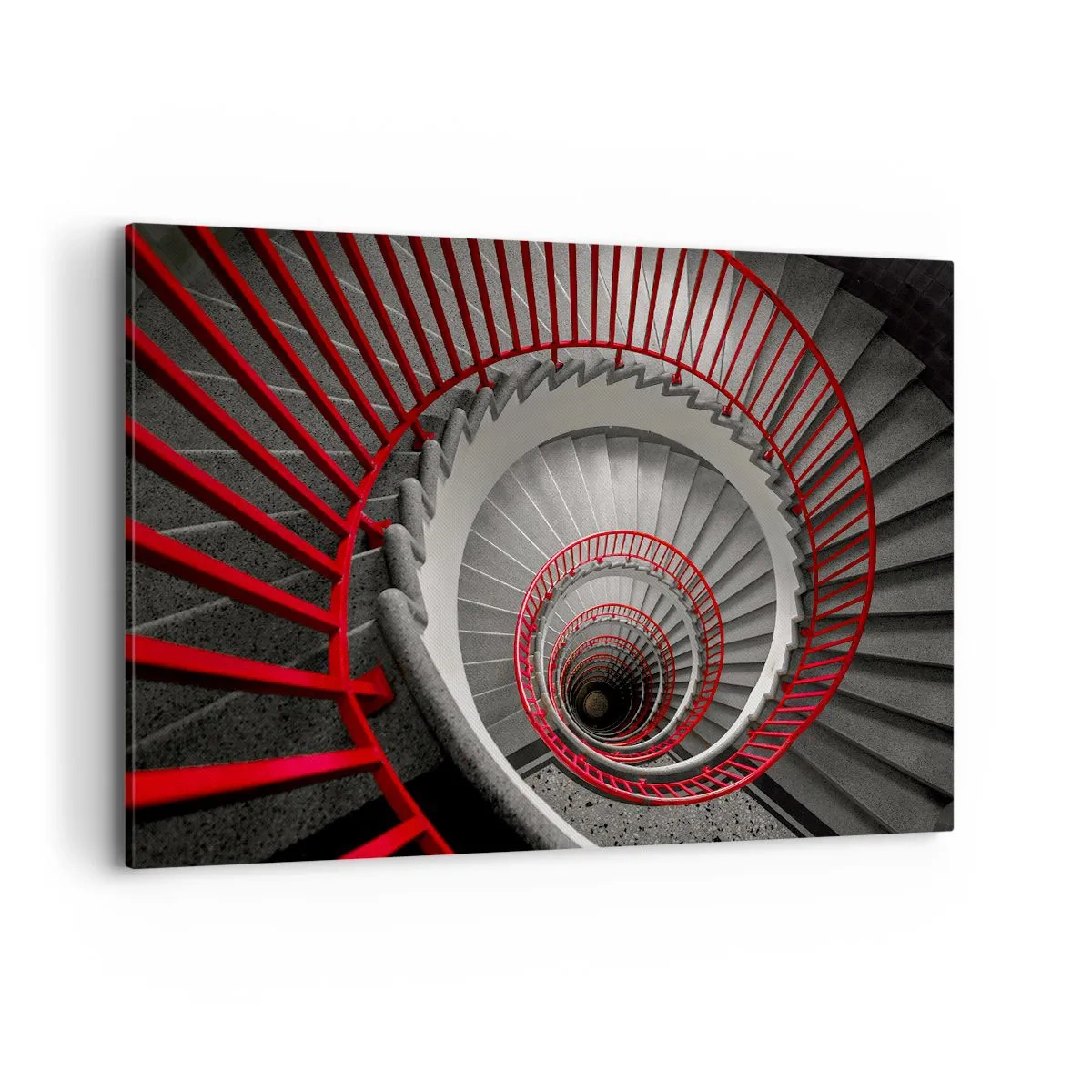 Bild auf Leinwand - Leinwandbild - Wendeltreppe mit roten Handläufen in dynamischer Perspektive - 120x80cm - Architekturspaß - Moderne Wanddekoration für Wohnzimmer und Schlafzimmer ARTTOR