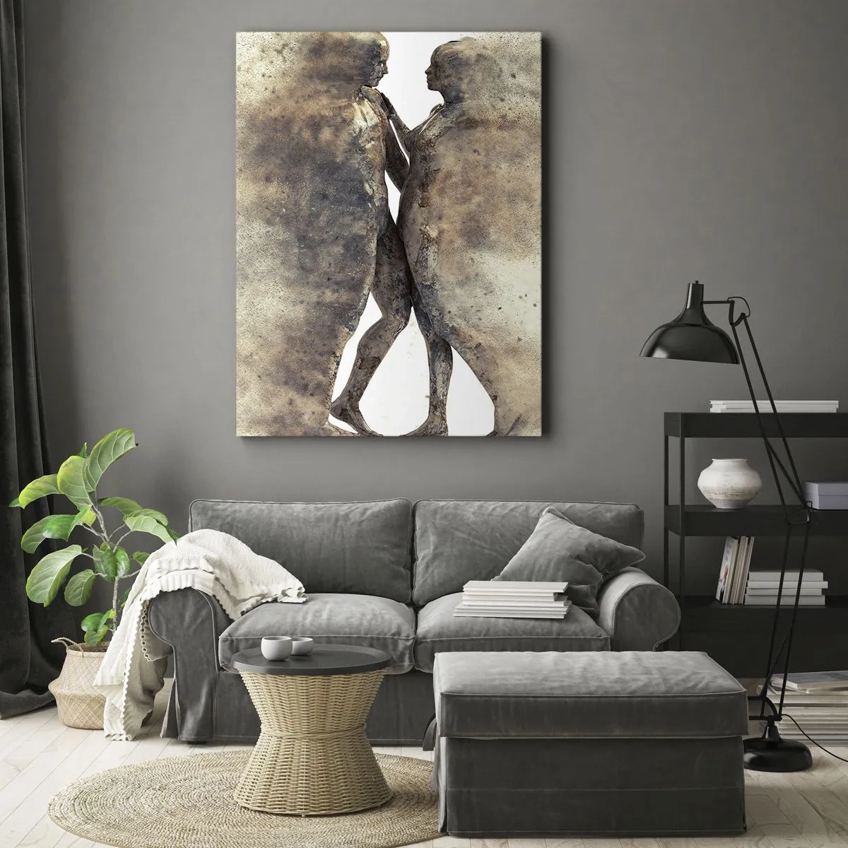 Bild auf Leinwand - Leinwandbild - Ein abstraktes Silhouettenduo in Sandtönen - 50x70cm - Sie erhoben sich aus dem Staub, um zu lieben - Moderne Wanddekoration für Wohnzimmer und Schlafzimmer ARTTOR