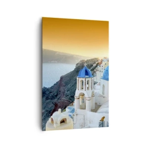 Bild auf Leinwand - Leinwandbild - Blick auf Santorini mit weißen Gebäuden und blauem Meer - 80x120cm - Santorini - an die Felsen gekuschelt - Moderne Wanddekoration für Wohnzimmer und Schlafzimmer ARTTOR