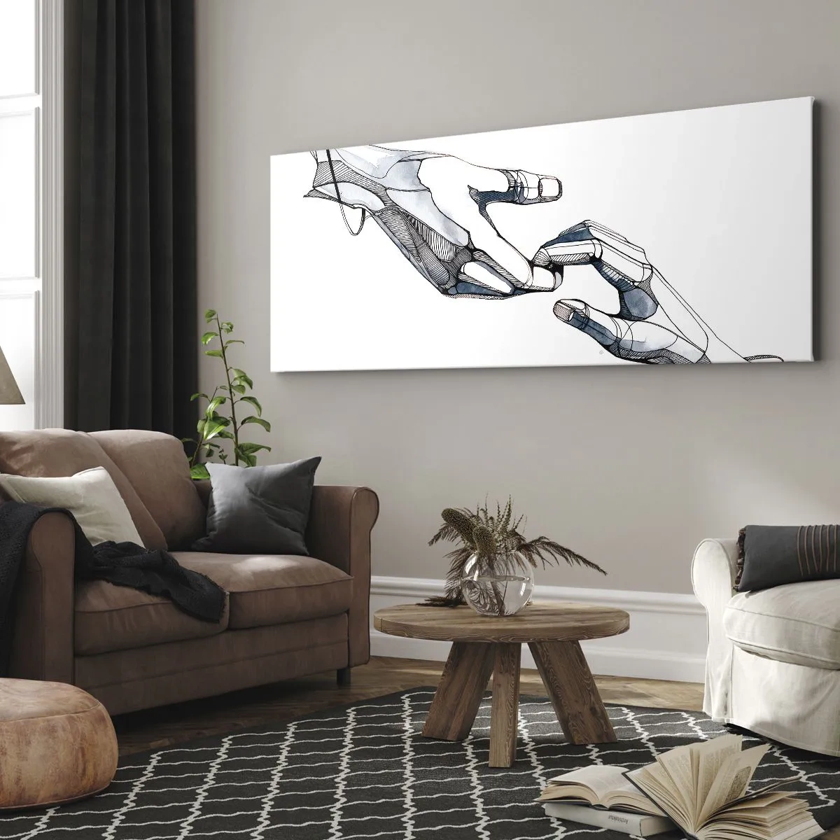 Bild auf Leinwand - Leinwandbild - Künstlerische Darstellung einer Hand in minimalistischer und geometrischer Form - 160x50cm - Eine gute Geste - Moderne Wanddekoration für Wohnzimmer und Schlafzimmer ARTTOR
