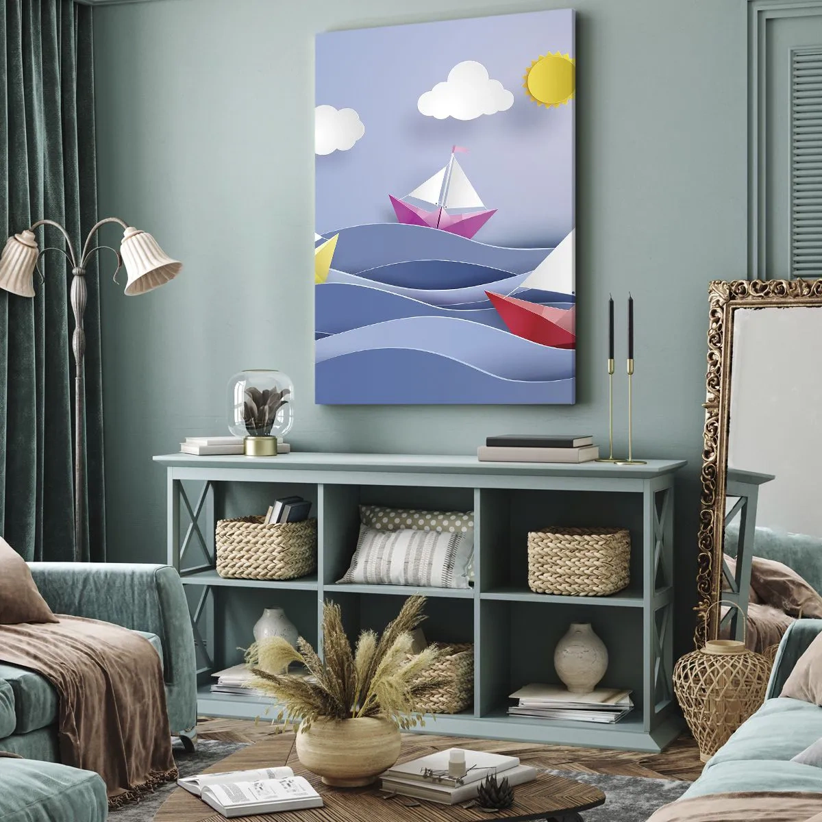 Bild auf Leinwand - Leinwandbild - Bunte Segelboote auf den Wellen an einem sonnigen Tag - 70x100cm - Ach, wie schön ist es, in den Wellen zu schwingen - Moderne Wanddekoration für Wohnzimmer und Schlafzimmer ARTTOR