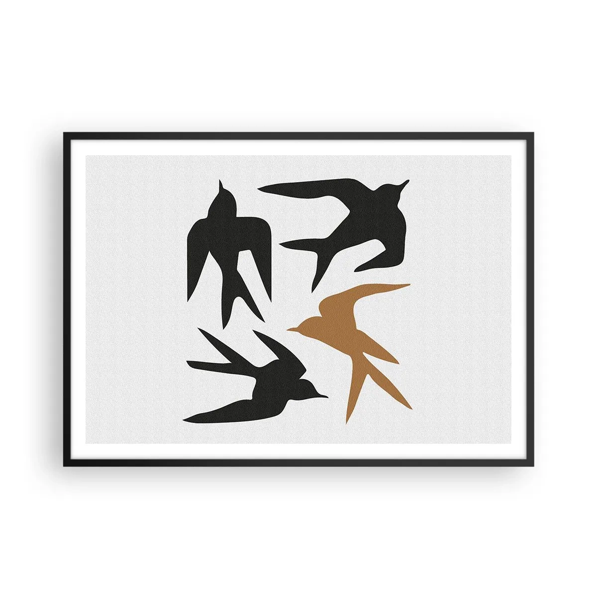 Poster in einem schwarzem Rahmen - Silhouetten von Schwalben in Schwarz und Gold - 100x70cm - Schwalbenspaß - Moderne Wanddekoration für Wohnzimmer und Schlafzimmer ARTTOR
