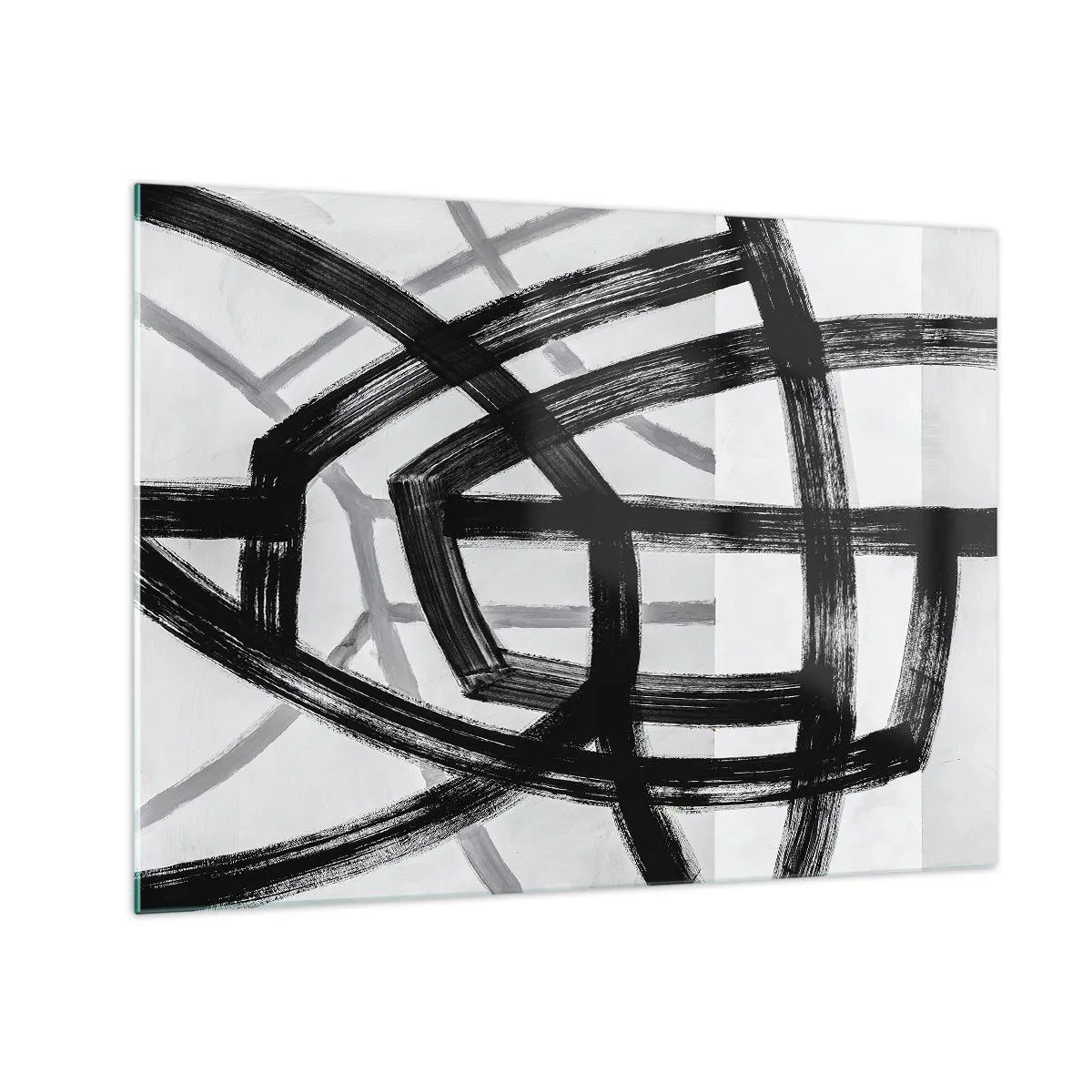 Glasbild - Bild auf glas - Schwarze und graue Pinselstriche erzeugen ein dynamisches Liniennetz. - 70x50cm - Bautiefe - Moderne Wanddekoration für Wohnzimmer und Schlafzimmer ARTTOR