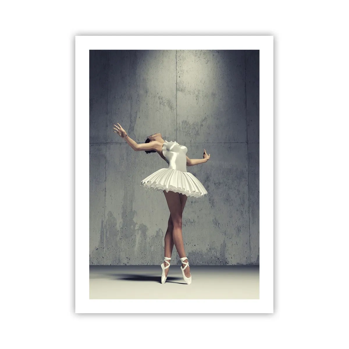Poster - Eine Ballerina in einem weißen Kleid vor dem Hintergrund einer rohen Betonwand. - 50x70cm - Leicht wie ein Vogel - Moderne Wanddekoration für Wohnzimmer und Schlafzimmer ARTTOR