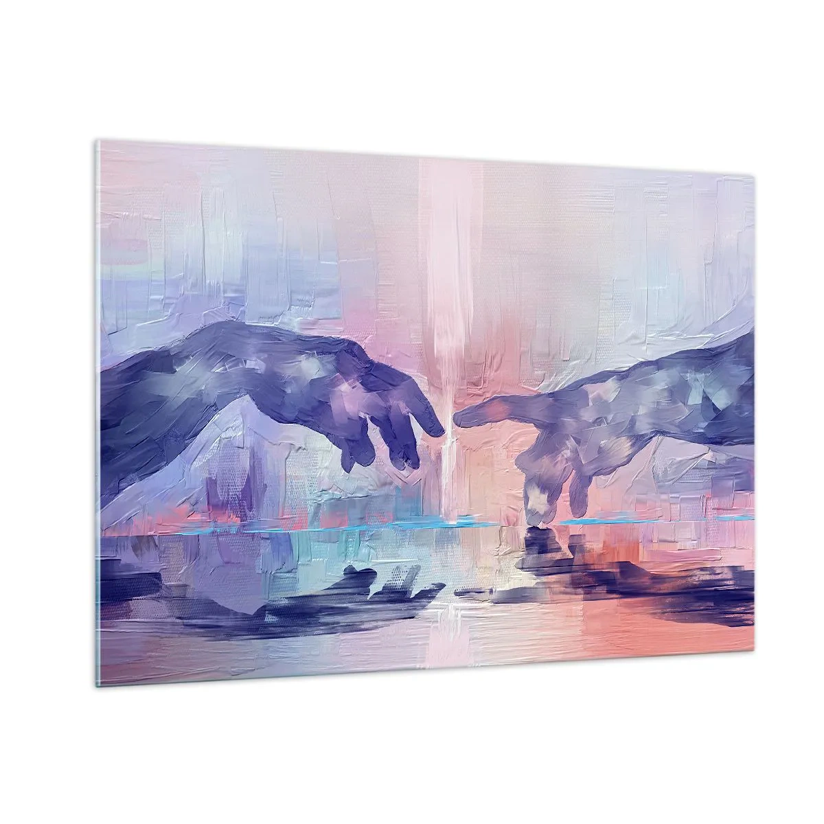 Glasbild - Bild auf glas - Abstrakte Hände nähern sich einander vor einem pastellfarbenen Hintergrund. - 100x70cm - Göttlicher Funke des Lebens - Moderne Wanddekoration für Wohnzimmer und Schlafzimmer ARTTOR