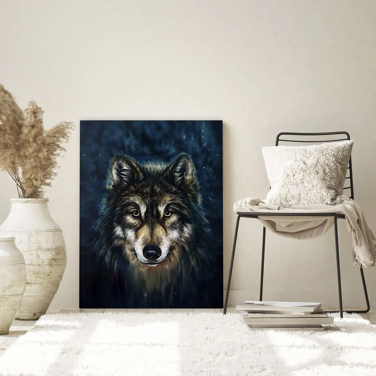 Glasbild - Bild auf glas - Porträt eines Wolfes auf dunkelblauem Hintergrund - 80x120cm - Alpha? Und Omega - Moderne Wanddekoration für Wohnzimmer und Schlafzimmer ARTTOR