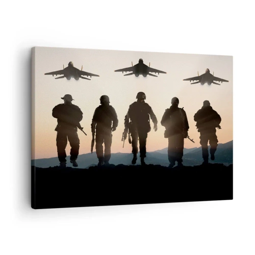 Bild auf Leinwand - Leinwandbild - Silhouetten von Soldaten und Kampfjets vor dem Hintergrund des Sonnenuntergangs - 70x50cm - Willkommen in unserer Welt - Moderne Wanddekoration für Wohnzimmer und Schlafzimmer ARTTOR