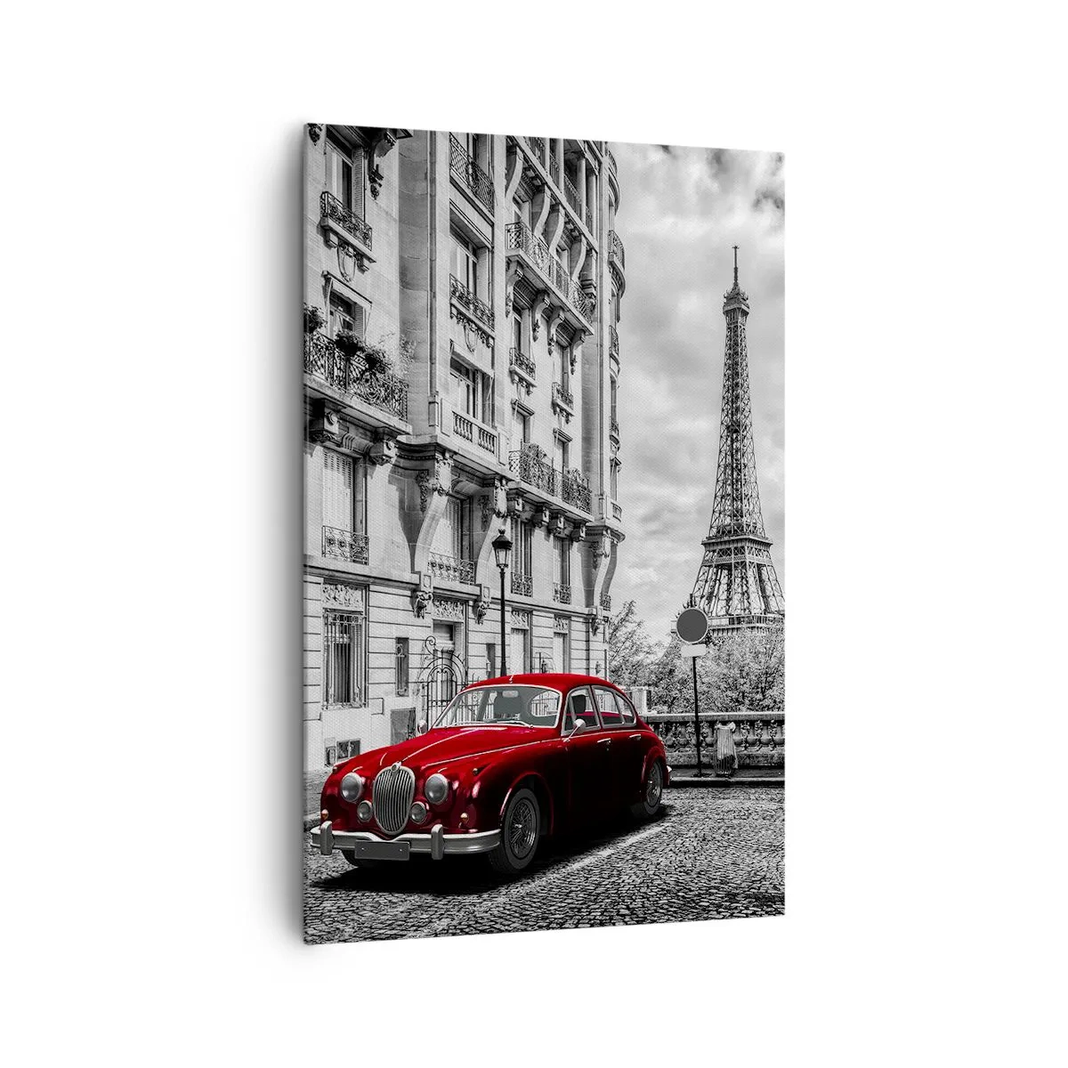 Bild auf Leinwand - Leinwandbild - Ein rotes Auto mit dem Eiffelturm im Hintergrund in einer schwarz-weißen Umgebung - 80x120cm - Raubtier in der Stadt - Moderne Wanddekoration für Wohnzimmer und Schlafzimmer ARTTOR