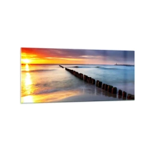 Glasbild - Bild auf glas - Sonnenuntergang über dem Meer mit einem Wellenbrecher im Vordergrund - 120x50cm - Lausche der Stille - Moderne Wanddekoration für Wohnzimmer und Schlafzimmer ARTTOR