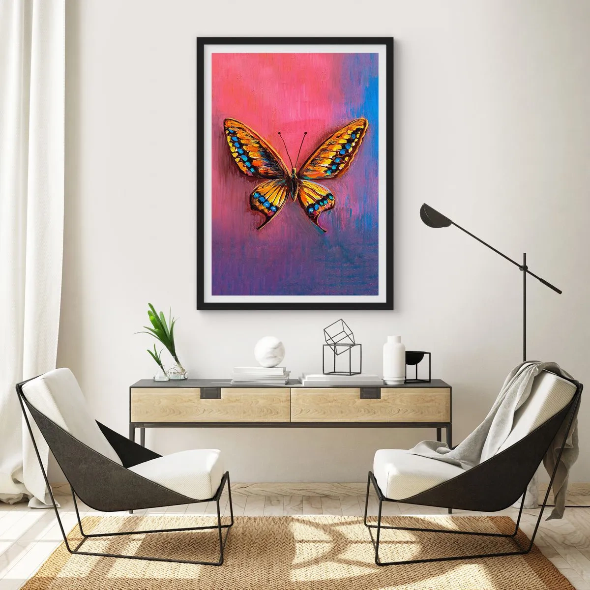Poster in einem schwarzem Rahmen - Ein bunter Schmetterling auf einem künstlerischen Hintergrund mit intensiven Farben. - 50x70cm - Ein Juwel der Natur - Moderne Wanddekoration für Wohnzimmer und Schlafzimmer ARTTOR