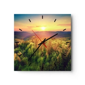Wanduhr - Glasuhr - Waldlandschaft mit Sonnenuntergang über den Hügeln - 30x30cm - Scheitelpunkte und Spitzen - Moderne Wanddekoration für Wohnzimmer und Schlafzimmer ARTTOR