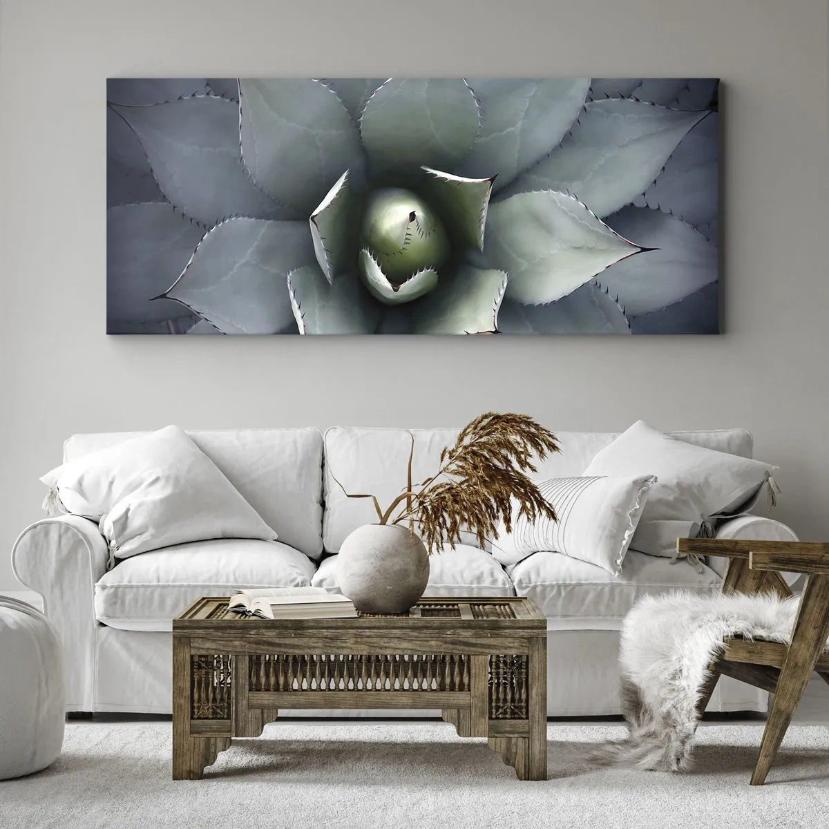 Bild auf Leinwand - Leinwandbild - Nahaufnahme einer Agavenrosette in zarten Grüntönen - 120x50cm - Es lockt an und warnt - Moderne Wanddekoration für Wohnzimmer und Schlafzimmer ARTTOR