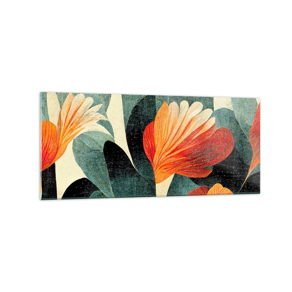 Glasbild - Bild auf glas - Blüten in intensiven Orange- und Grüntönen - 120x50cm - Hitze der Tropen und Kühle des Grüns - Moderne Wanddekoration für Wohnzimmer und Schlafzimmer ARTTOR
