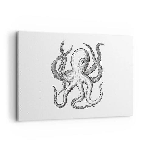 Bild auf Leinwand - Leinwandbild - Schwarz-weiße Zeichnung eines Oktopus auf weißem Hintergrund im Vintage-Stil - 100x70cm - Mit den Wellen tanzen - Moderne Wanddekoration für Wohnzimmer und Schlafzimmer ARTTOR