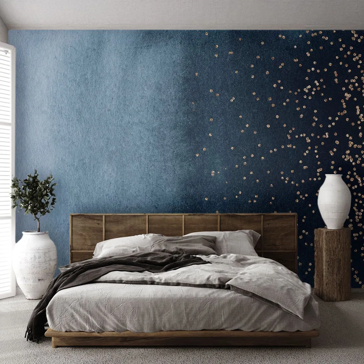 Fototapete Premium Sand - Marineblauer Farbverlauf mit goldenen Sprenkeln - 100x70cm - Komposition - blaue Phasen - Moderne Wanddekoration für Wohnzimmer und Schlafzimmer ARTTOR