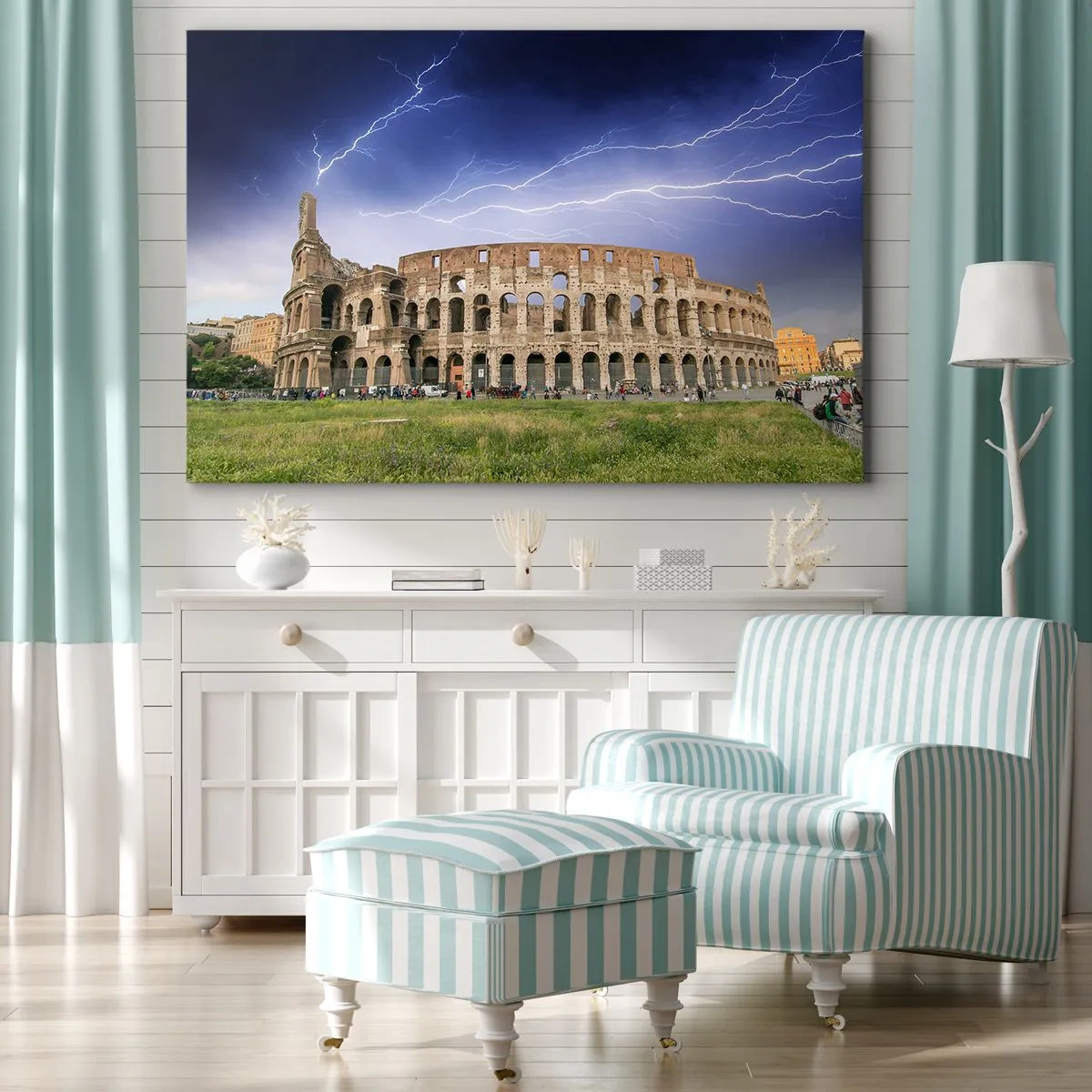 Bild auf Leinwand - Leinwandbild - Das Kolosseum in Rom wird vom Blitz erleuchtet - 100x70cm - Kampfarena - Moderne Wanddekoration für Wohnzimmer und Schlafzimmer ARTTOR