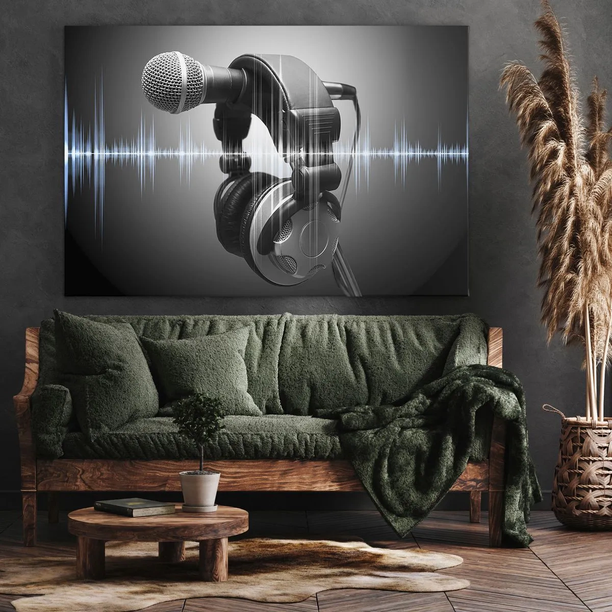 Bild auf Leinwand - Leinwandbild - Mikrofon und Kopfhörer mit Schallwellenvisualisierung im Hintergrund - 100x70cm - Du kannst immer noch den Gesang hören - Moderne Wanddekoration für Wohnzimmer und Schlafzimmer ARTTOR