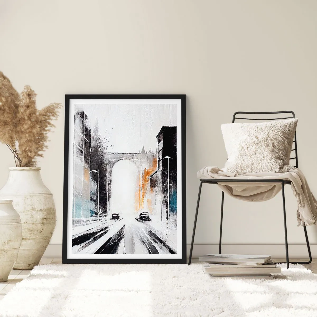 Poster in einem schwarzem Rahmen - Abstraktes Stadtpanorama mit einem monumentalen Bogen - 50x70cm - Stadtstudie: Architektur und Bewegung - Moderne Wanddekoration für Wohnzimmer und Schlafzimmer ARTTOR