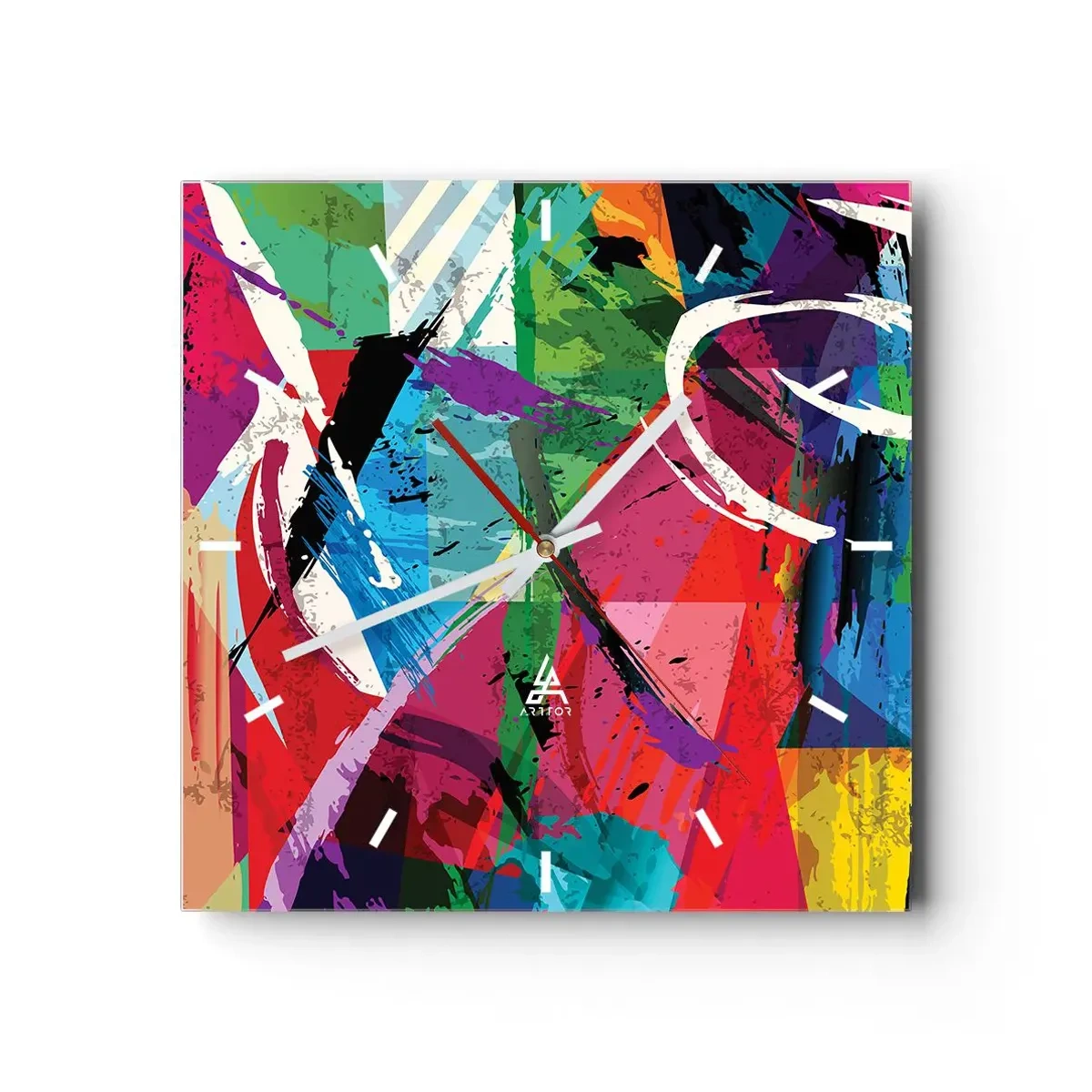 Wanduhr - Glasuhr - Farbenfrohe Abstraktion mit dynamischen Pinselstrichen - 30x30cm - Schnell, spritzig und springt - Moderne Wanddekoration für Wohnzimmer und Schlafzimmer ARTTOR