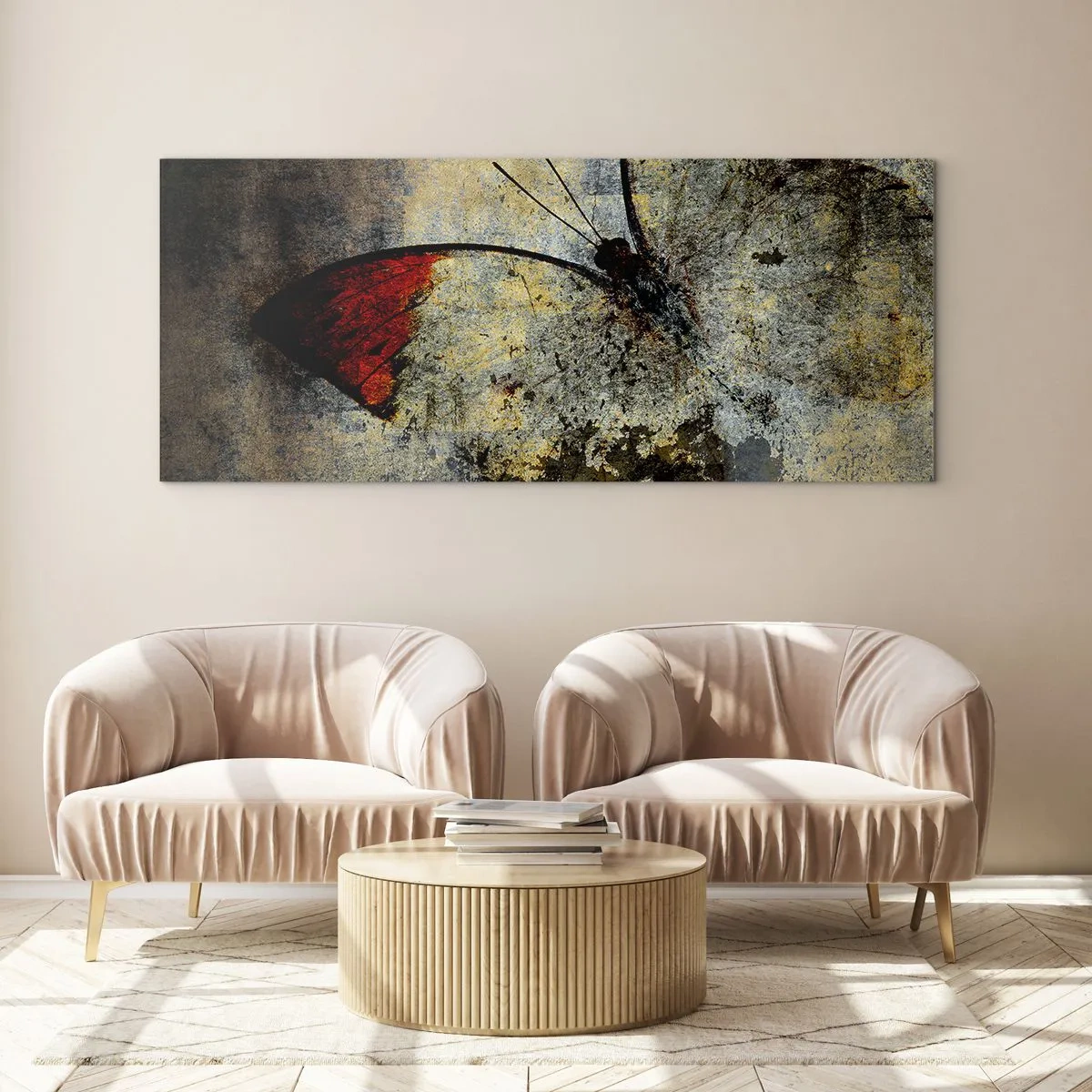 Glasbild - Bild auf glas - Ein Schmetterling in Rot- und Grautönen auf strukturiertem Hintergrund - 120x50cm - Pass auf, bevor ich verschwinde - Moderne Wanddekoration für Wohnzimmer und Schlafzimmer ARTTOR
