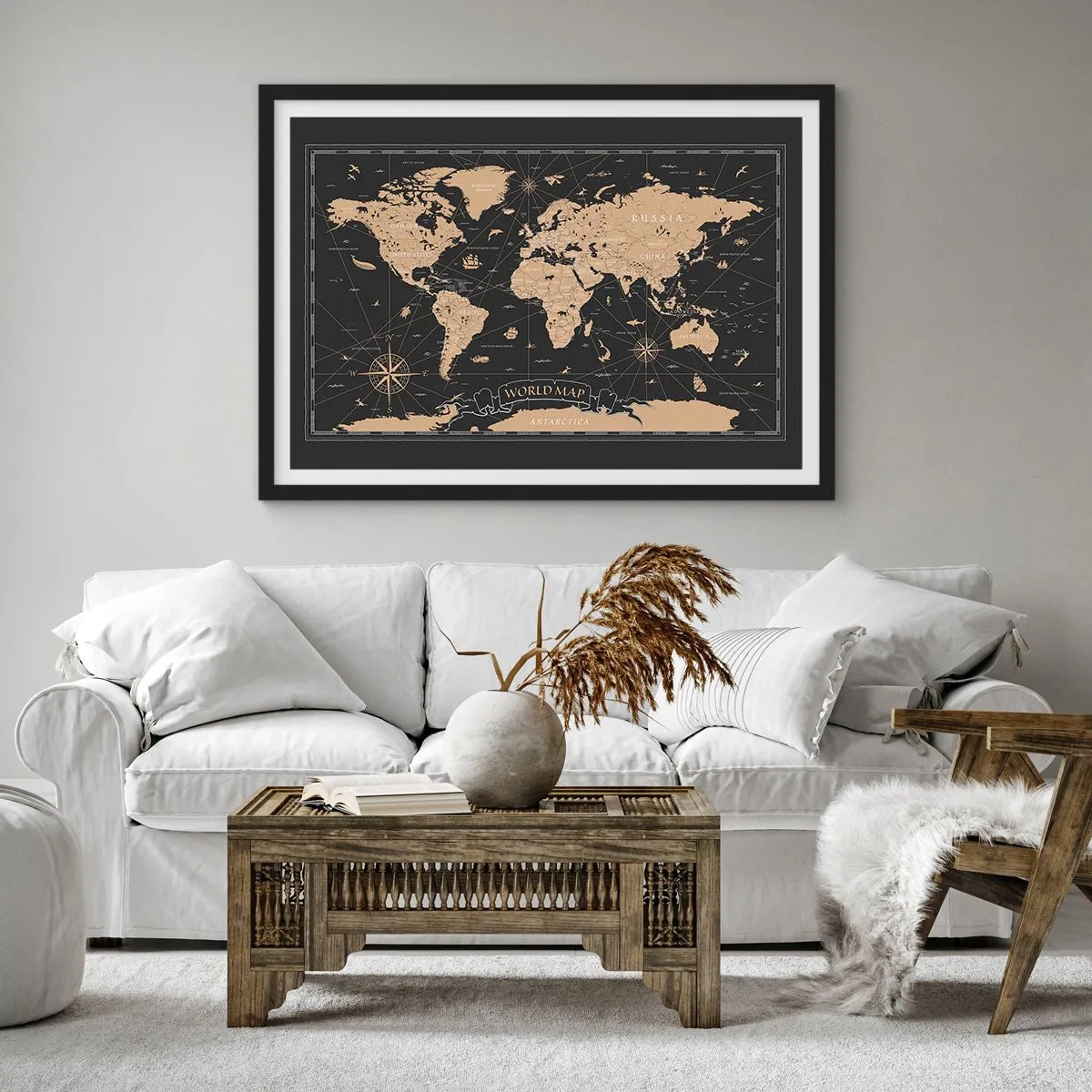 Poster in einem schwarzem Rahmen - Eine stilisierte Weltkarte auf schwarzem Hintergrund mit beigen Akzenten. - 70x50cm - Die Grenzen meiner Welt - Moderne Wanddekoration für Wohnzimmer und Schlafzimmer ARTTOR