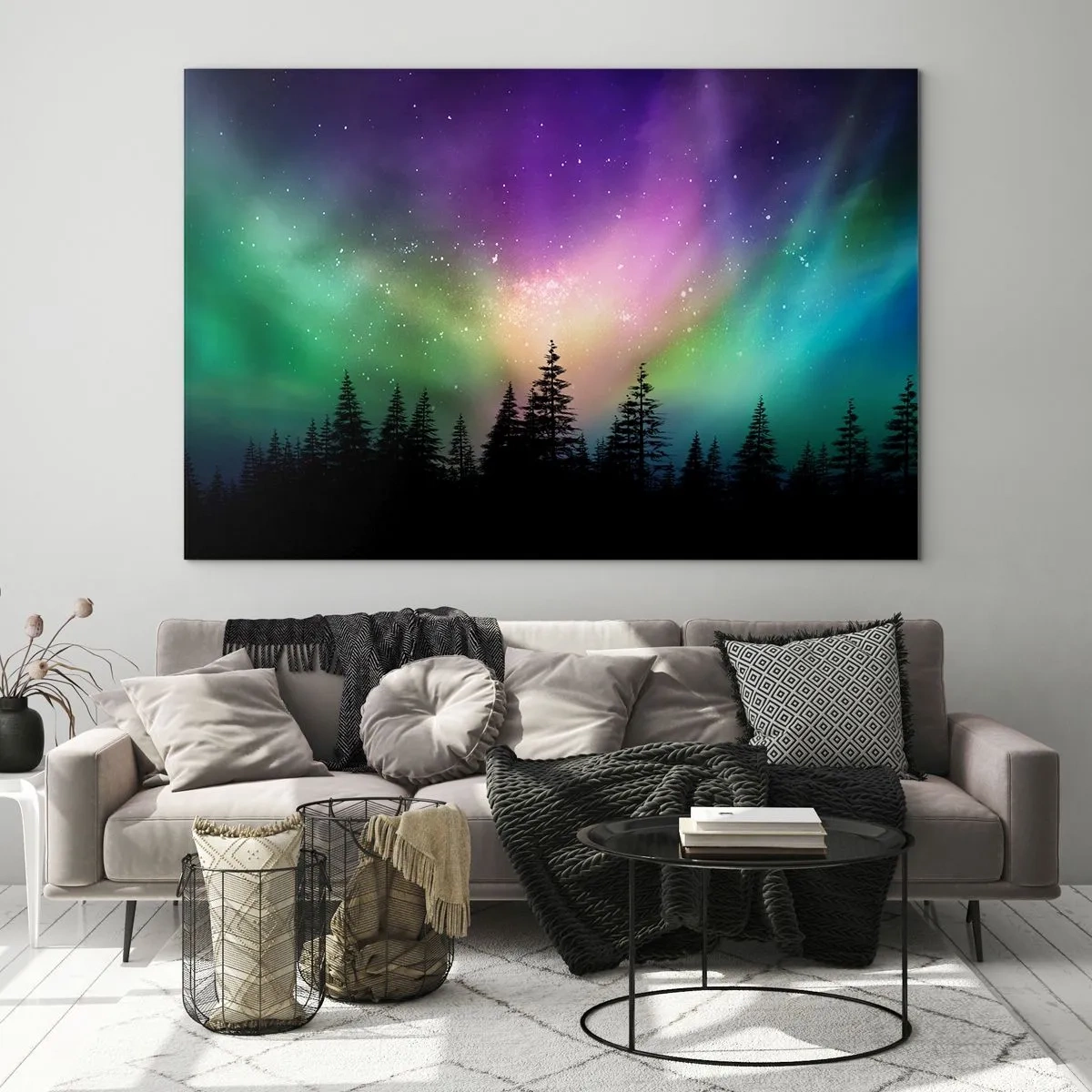 Glasbild - Bild auf glas - Wald bei Nacht unter den bunten Nordlichtern - 100x70cm - weiße Magie - Moderne Wanddekoration für Wohnzimmer und Schlafzimmer ARTTOR