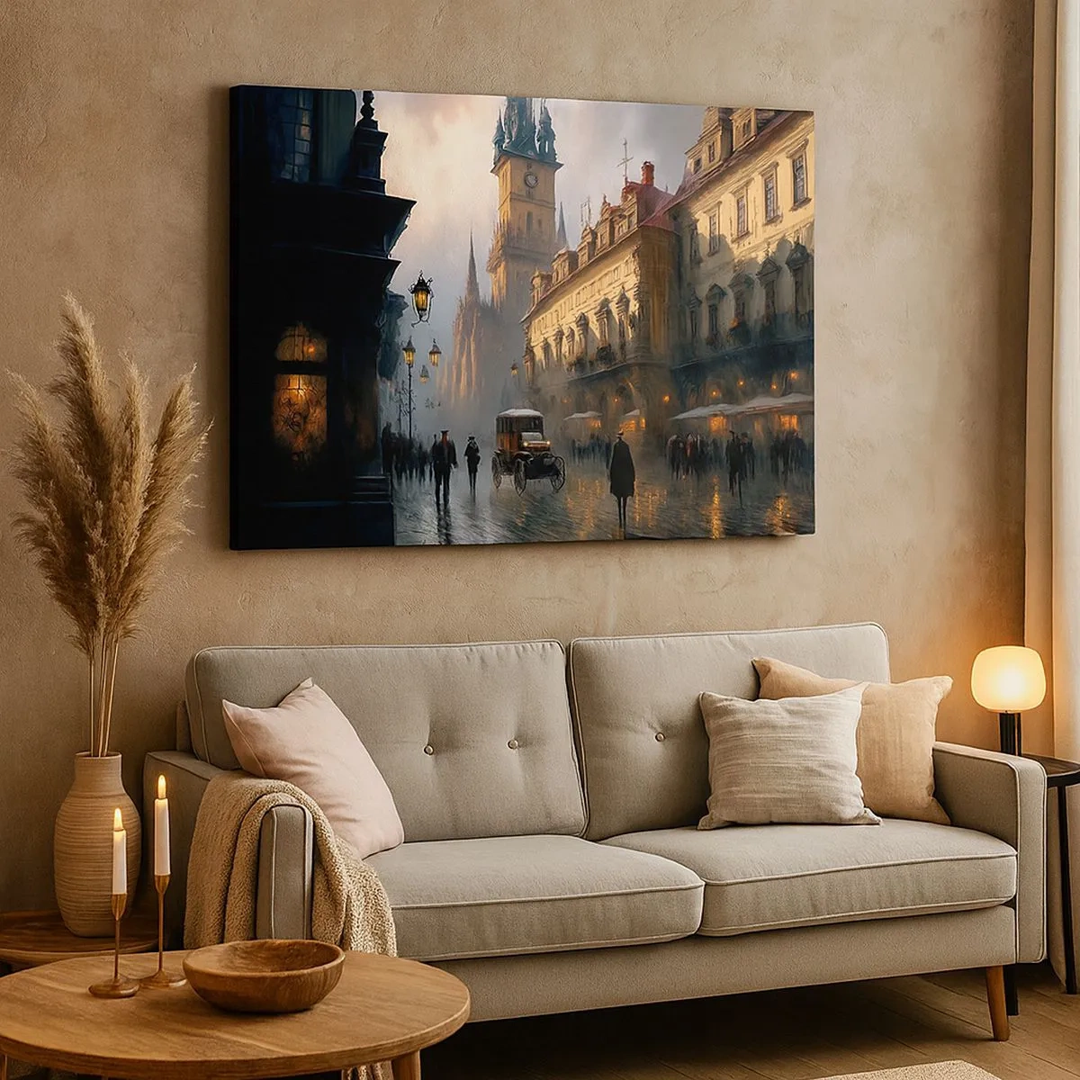Bild auf Leinwand - Leinwandbild - Abendliche Straßenszene mit historischer Architektur - 70x50cm - Charme eines Prager Abends - Moderne Wanddekoration für Wohnzimmer und Schlafzimmer ARTTOR
