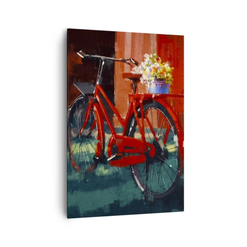 Bild auf Leinwand - Leinwandbild - Ein rotes Fahrrad mit Blumen vor einer orangefarbenen Wand - 70x100cm - Ich möchte mit meinem Fahrrad fahren - Moderne Wanddekoration für Wohnzimmer und Schlafzimmer ARTTOR