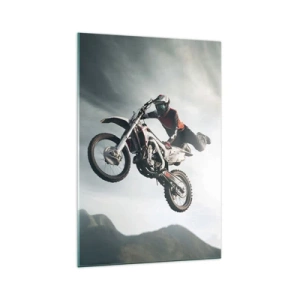 Glasbild - Bild auf glas - Motorradfahrer in der Luft bei einem Sprung - 70x100cm - Kein Spaß ohne Risiko - Moderne Wanddekoration für Wohnzimmer und Schlafzimmer ARTTOR