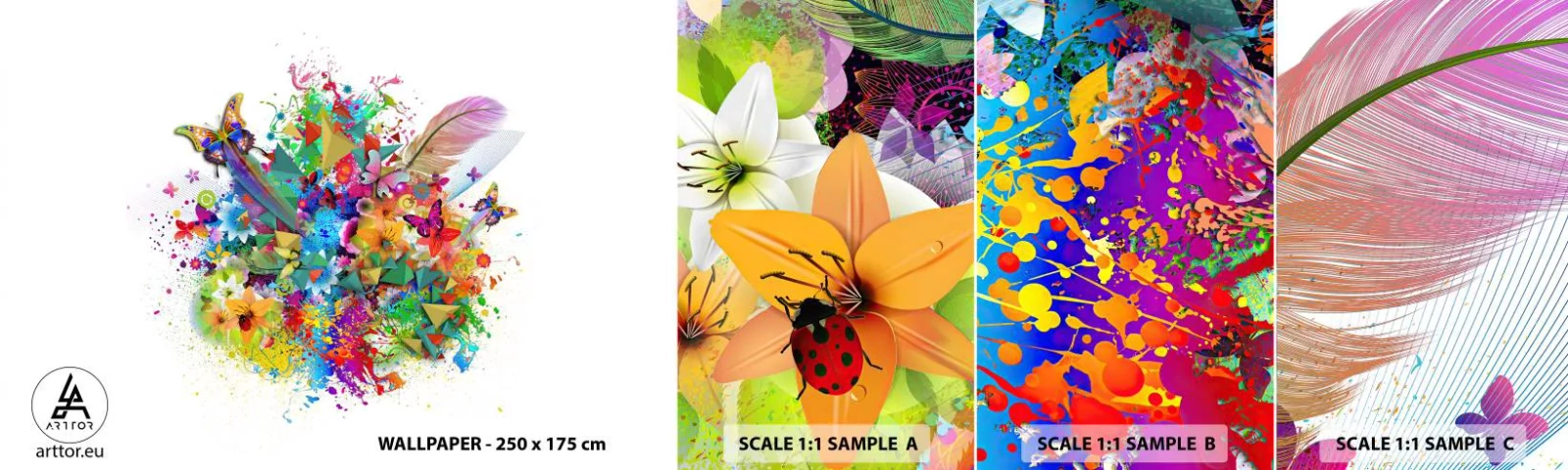 Fototapetenmuster Standard Eco - Ein Strauß Freude - Schmetterling, Blume, Grafik - 100x30 cm
