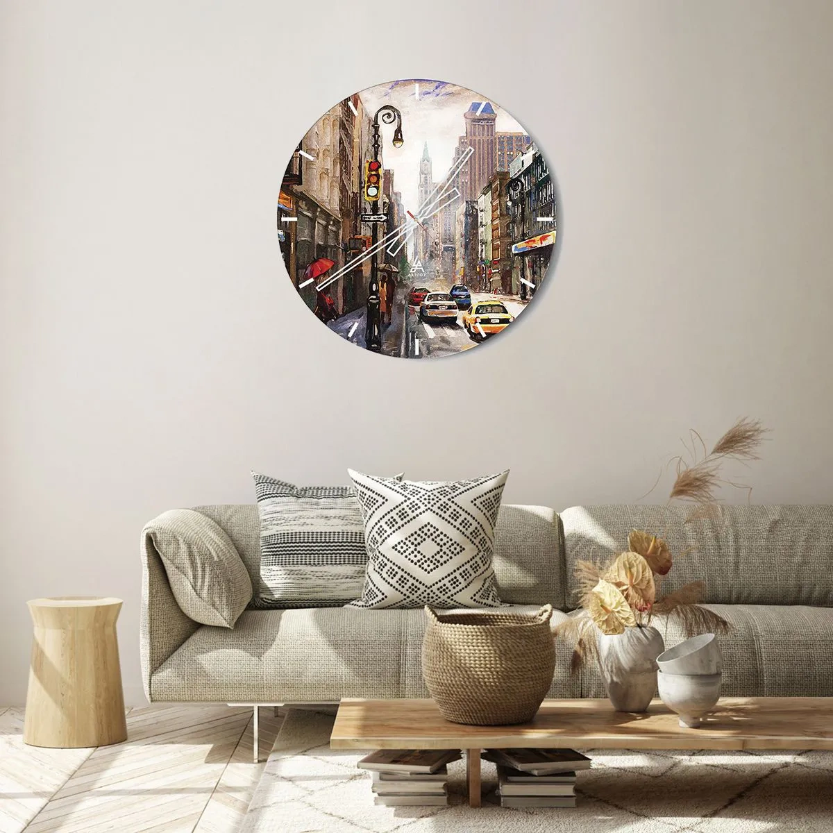 Wanduhr - Glasuhr - Eine New Yorker Straße im malerischen Stil - 30x30cm - New York - auch im Regen bunt - Moderne Wanddekoration für Wohnzimmer, Küche und Schlafzimmer ARTTOR