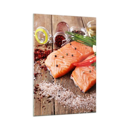 Glasbild - Bild auf glas - Lachsfilets mit Gewürzen auf Holzhintergrund - 80x120cm - Norwegisches Abenteuer in der Küche - Moderne Wanddekoration für Wohnzimmer und Schlafzimmer ARTTOR