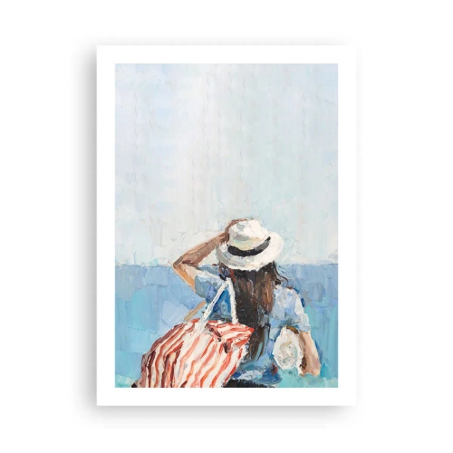 Poster - Eine Frau mit Hut blickt aufs Meer - 50x70cm - Willkommen in den Sommerferien - Moderne Wanddekoration für Wohnzimmer und Schlafzimmer ARTTOR