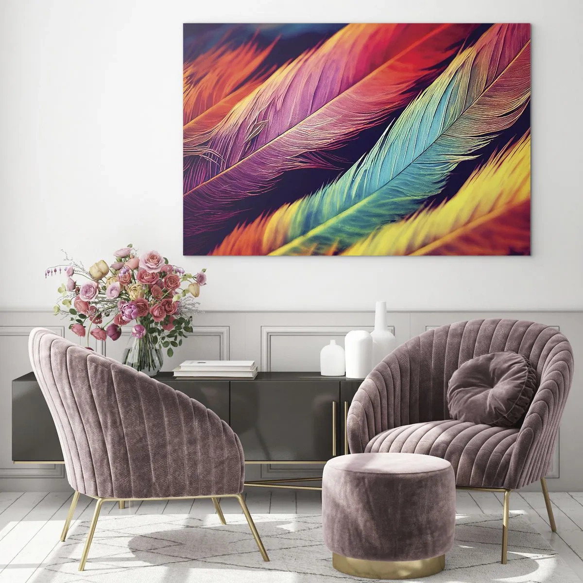 Glasbild - Bild auf glas - Bunte Federn in intensiven Regenbogentönen - 120x80cm - Gefiederter Regenbogen - Moderne Wanddekoration für Wohnzimmer und Schlafzimmer ARTTOR