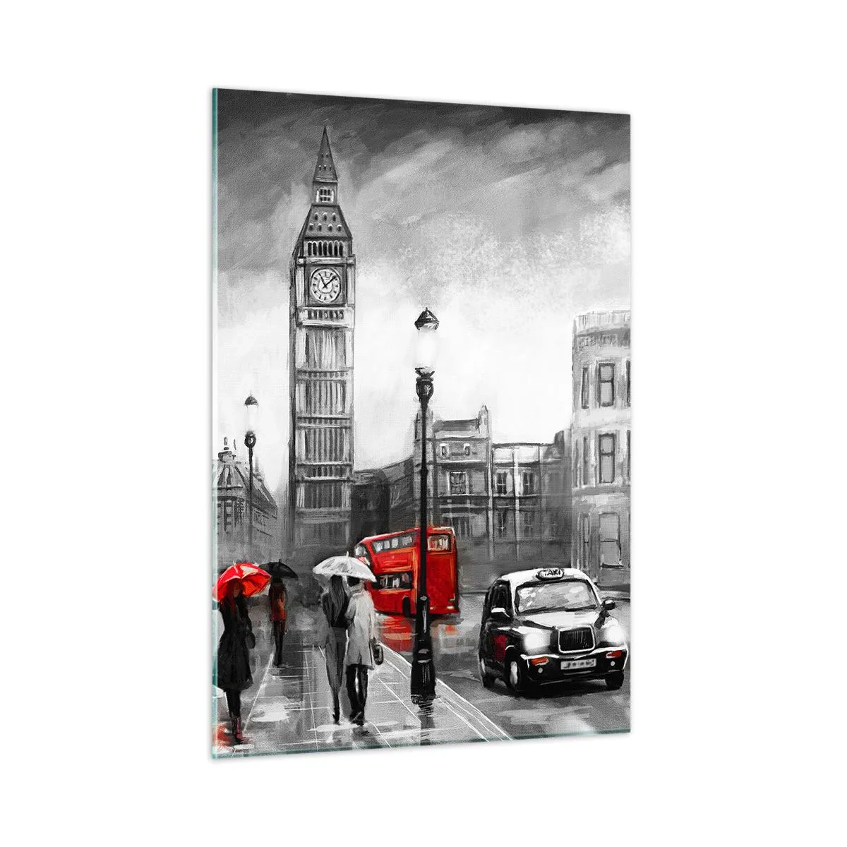 Glasbild - Bild auf glas - Big Ben und die Straßen von London mit roten Akzenten auf grauem Hintergrund - 50x70cm - Gar keine graue Stadt - Moderne Wanddekoration für Wohnzimmer und Schlafzimmer ARTTOR